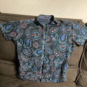 Ted Baker London Men's Short Sleeve Dogg Paisley Button Front Cotton Shirt
Navy